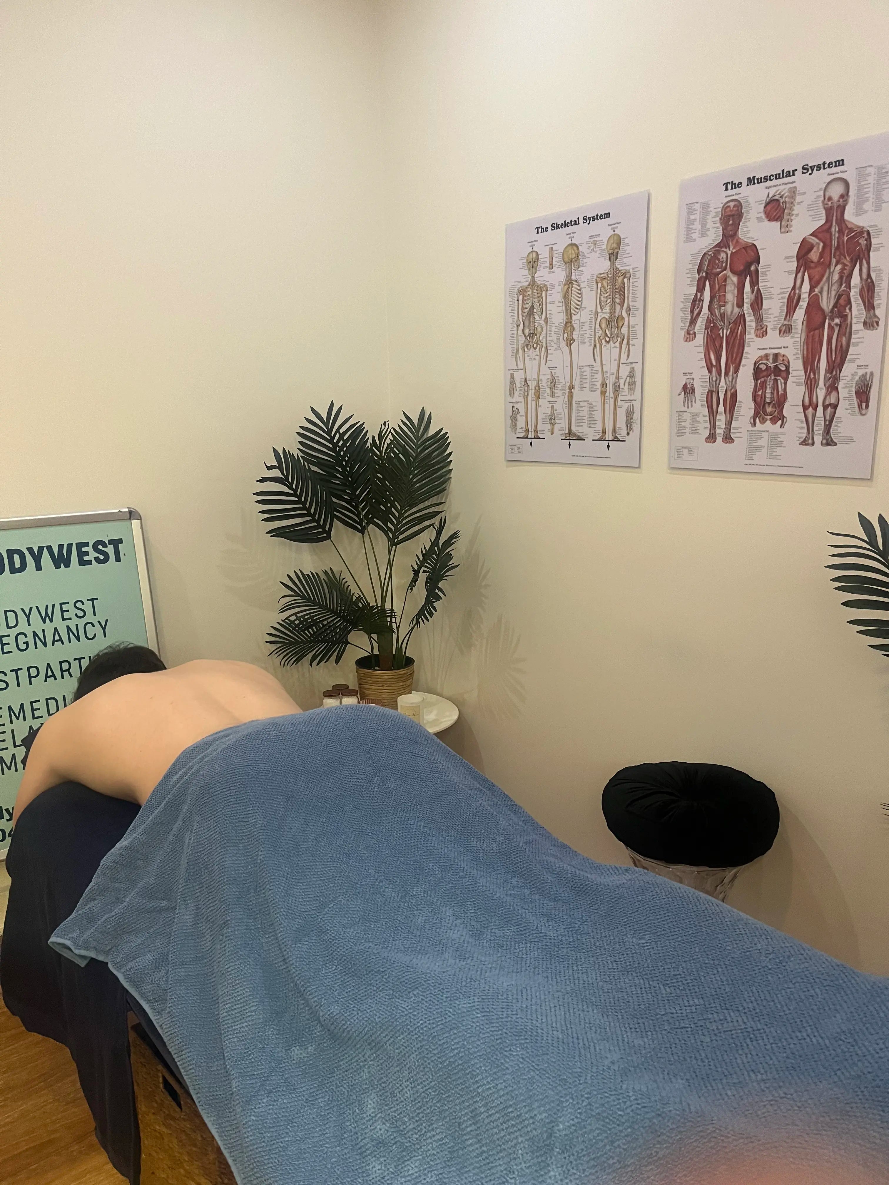 Client lying face-down on a massage table during a remedial massage session.